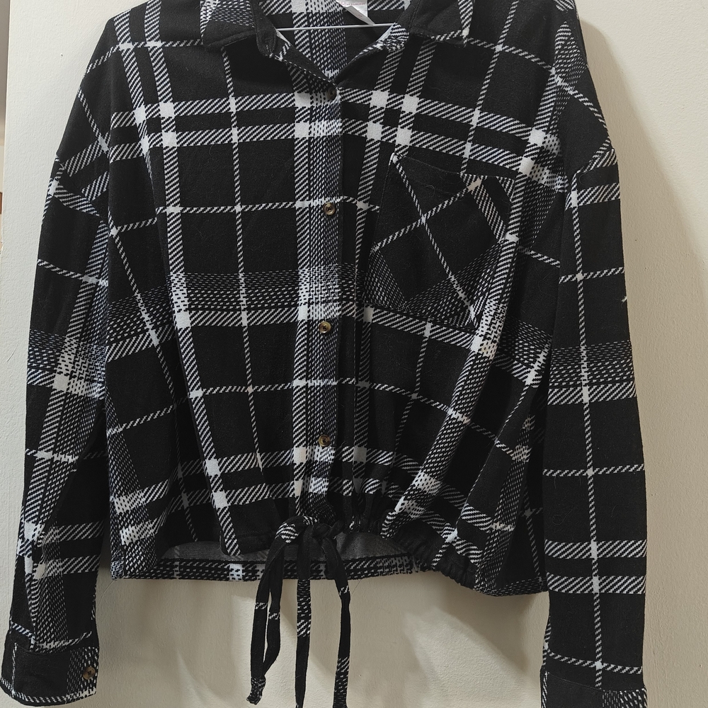 No Boundaries Black and White Plaid Drawstring Jean Jacket